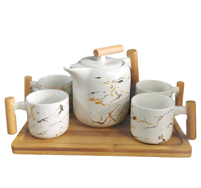 Matte White Marble Pattern Luxury Tea Set Teapot &amp; Tea Cups Set