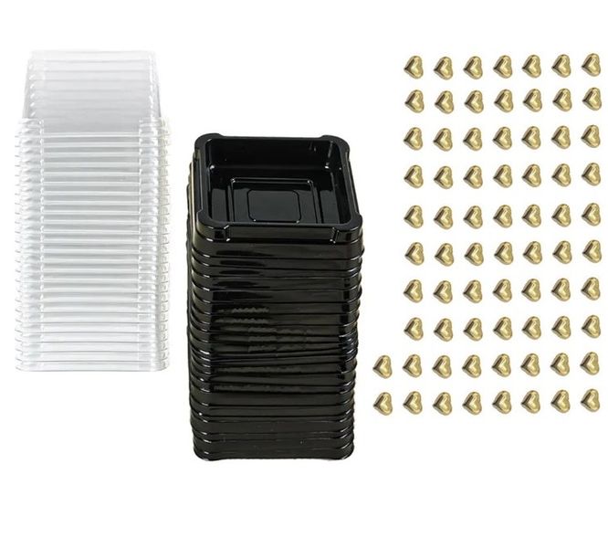 50 x Square Mini Cake, Macaroon or Biscuit Container &amp; 72 Heart Stickers