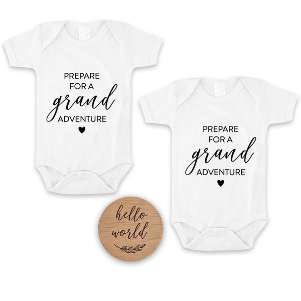 Grand Adventure Pregnancy Announcement Onesies With Hello World Disc