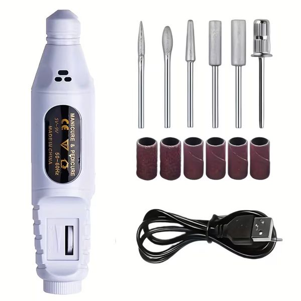 USB Rechargeable Electric Nail File 6 Interchangeable Grinding Heads