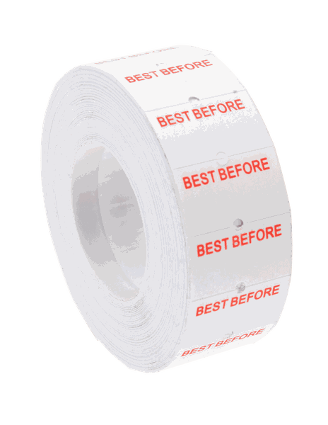 White Best Before Labels - Red Text 20 rolls Per Box
