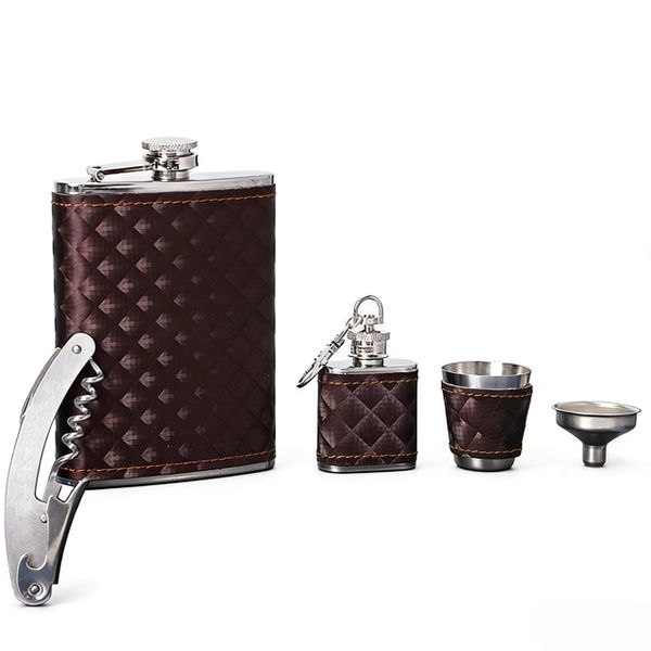 Vintage Quilted Leather Hip Flask Gift Set of 5