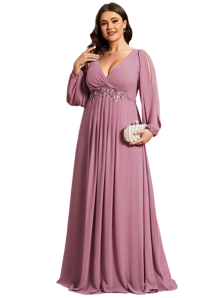 Stylish Chiffon Formal Evening Dresses with Long Lantern Sleeves