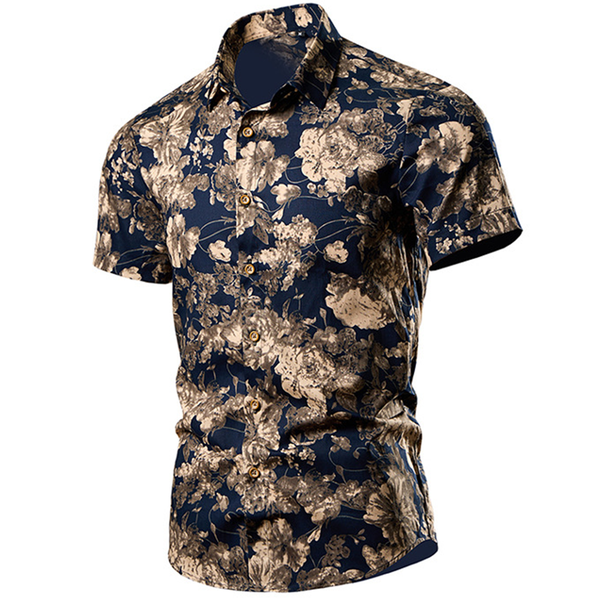 Men Short Sleeve Floral Big Size Print Casual Shirt Button Down Slim Fit