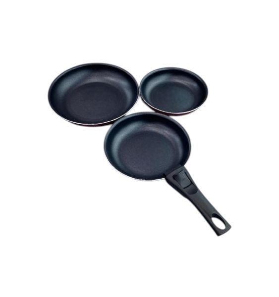 3-Piece Black Detachable Handle Frying Pan Set - 25.5cm, 21.5cm &amp; 19.5cm.