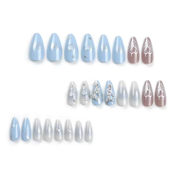 Almond Blue Gradient Design False Nails with Star Heart Charms