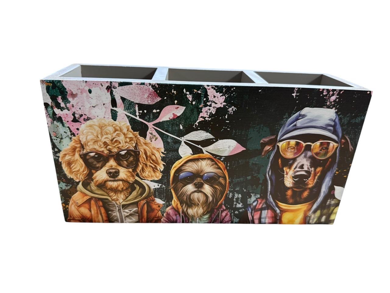 Cutlery/Stationary Holder - Pink Leaves &amp; 3 Dogs with Sunglasses