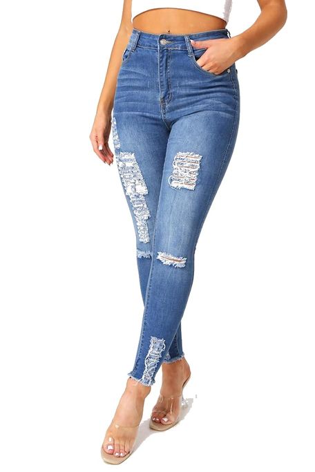 I Saw it First - Ladies Mid Wash Stretch Distress Skinny Jeans | Buy ...