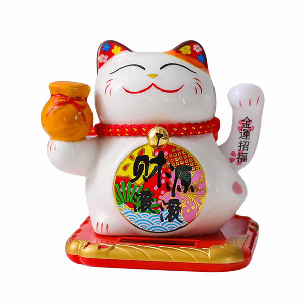 Lucky Money Ceramic Cat Solar Powered Waving Arm Fortune Cat - Pot Hold