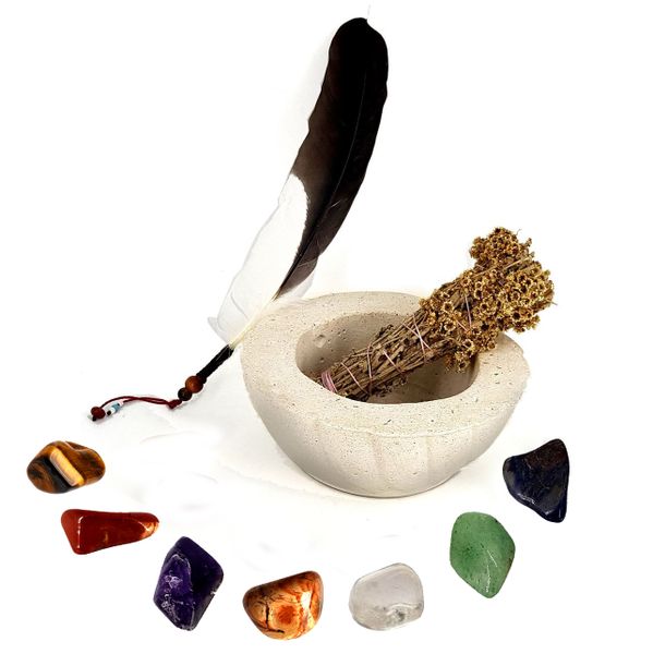 Smudge Bowl&amp;Smudge Wand -Heron Smoke Feather Fan&amp;7 Chakra stones