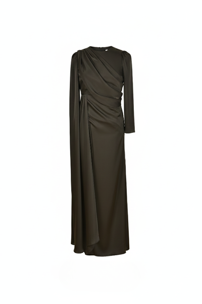 Black Satin Modest Draped Floor-Length Dress