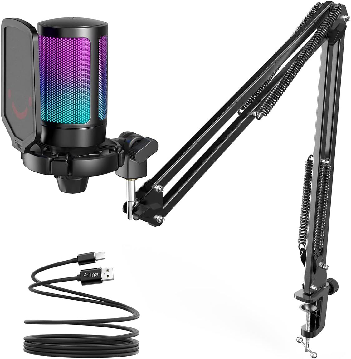Fifine RGB USB Condenser Microphone with Boom Arm/Pop Filter/Quick Mute