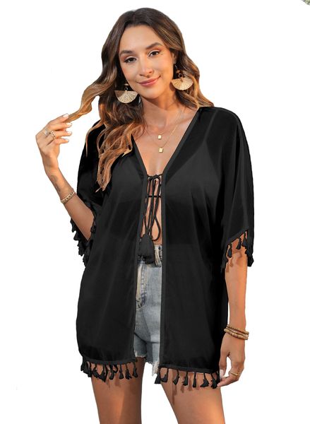 Women's Swimsuit Cover Up Tie Knot Open Front Sheer Mesh Chiffon Kimono