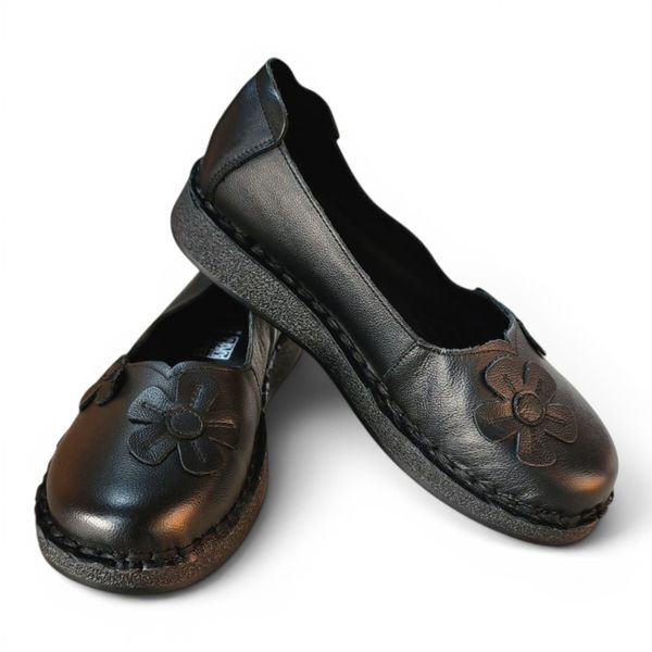Ladies Genuine Leather Black Flower Slip-On Comfort Shoes
