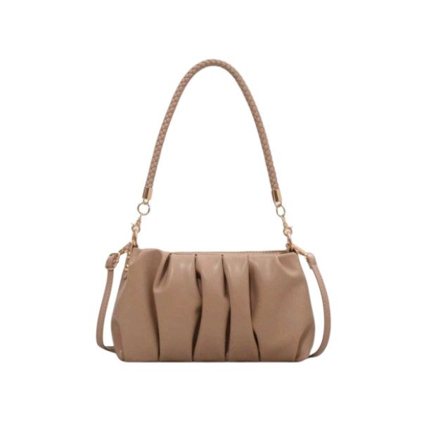Luxe Pleated Faux Leather Shoulder Bag with Dual Straps - Beige