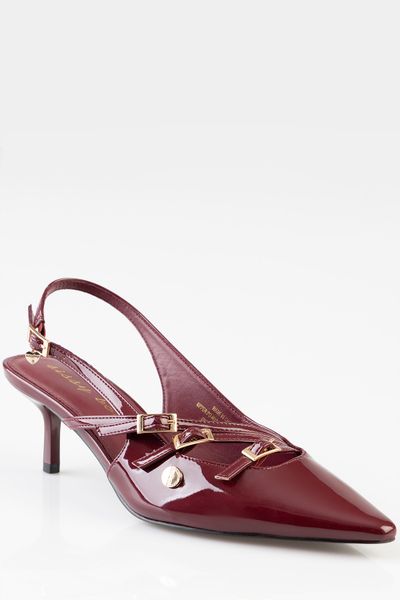 Sissy Boy: Taren 3 Buckled Slingback Kitten Heel Burgundy