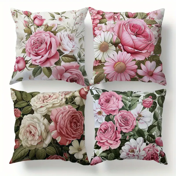 4 Piece Set Pink Rose Floral Pillow Covers