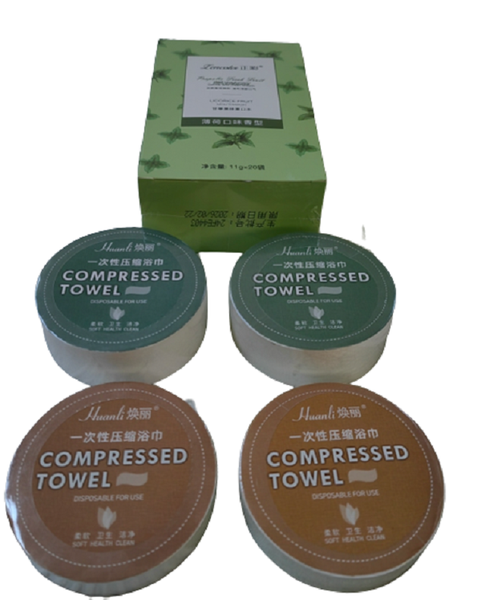 4 Disposable Compressed Travel Bath Face Towels &amp; 1 Mouthwash Packet