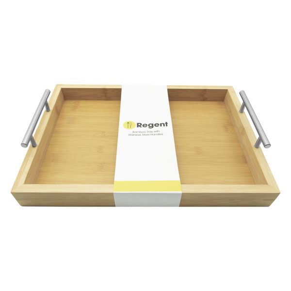 Regent Bamboo Rectangular Tray with Stainless Steel Handles, 395 x 285 x 73mm