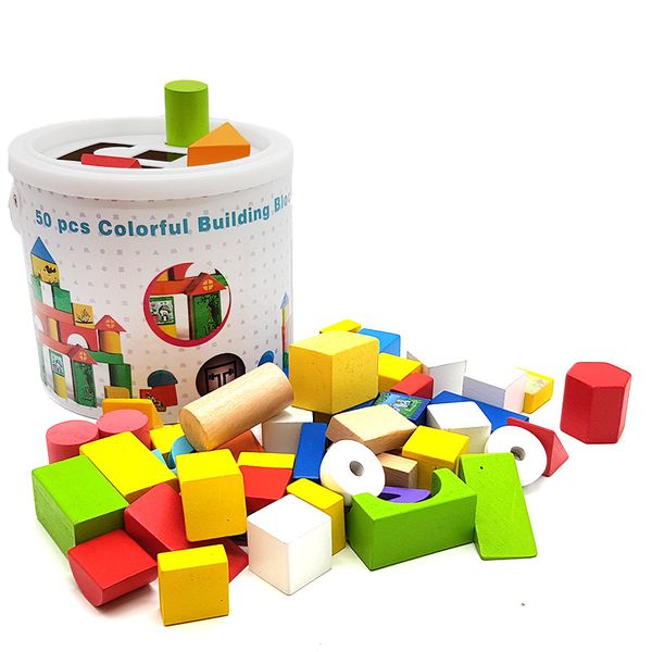 Wooden Building Blocks - Wooden Shapes Toy Bucket 50 Pieces