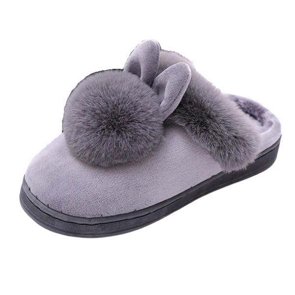 Paw Prints &amp; Curly Tails Fluffy Pompom Bunny Slippers - Grey