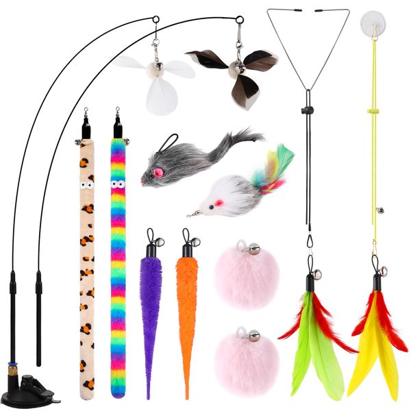 Cat Toy Set with 12 Interactive Toys - Teaser Wand, Feather, Mouse &amp; More