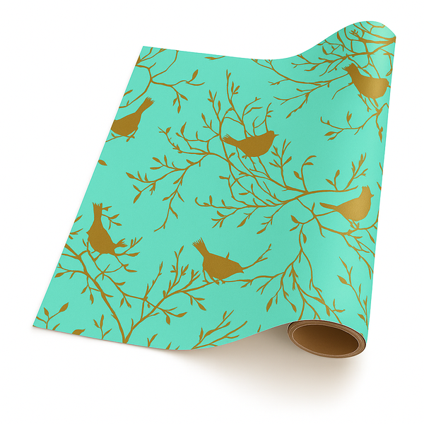 Gift Wrapping Paper 5m x 50cm Wide Roll - Beautiful Birds Bronze on Teal