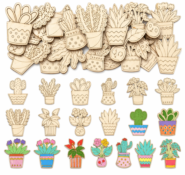 100 Pcs Unfinished Wood Cutouts Flower Cactus Potted Plant Embellishments