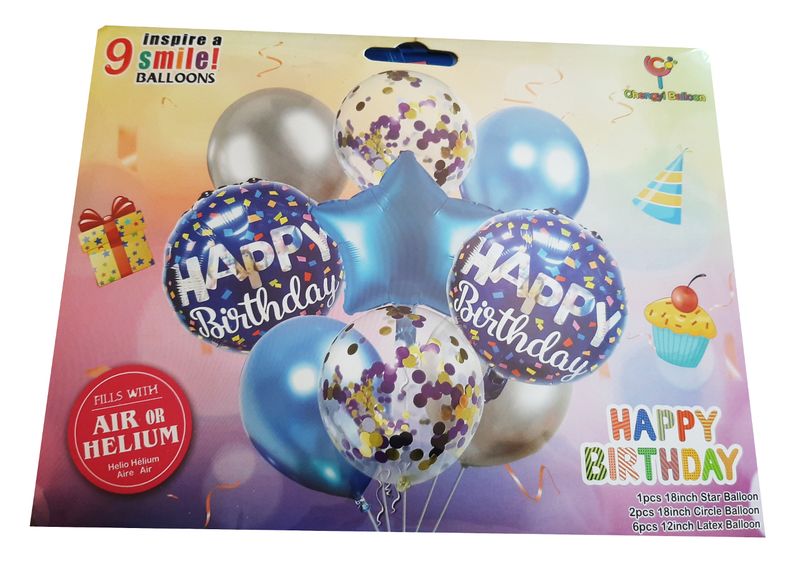 9 Piece Air or Helium Foil Balloon Set - Blue Happy Birthday