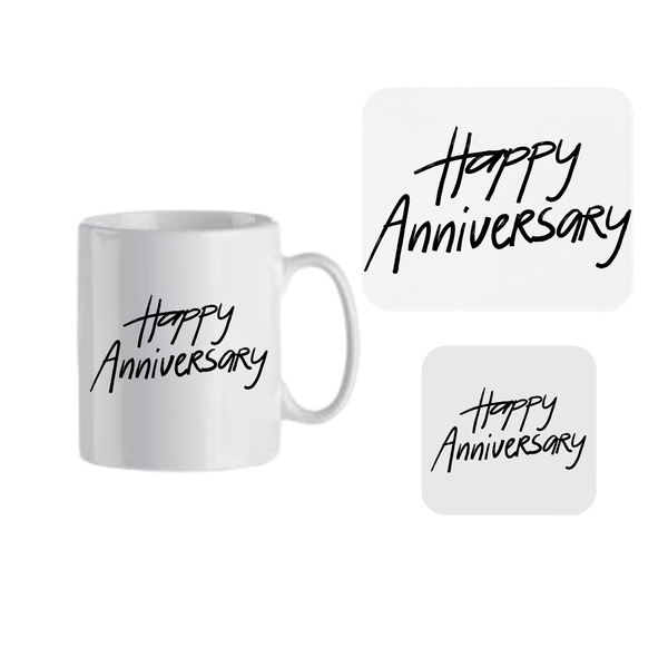 Happy Anniversary Mug, Coaster and Mousepad