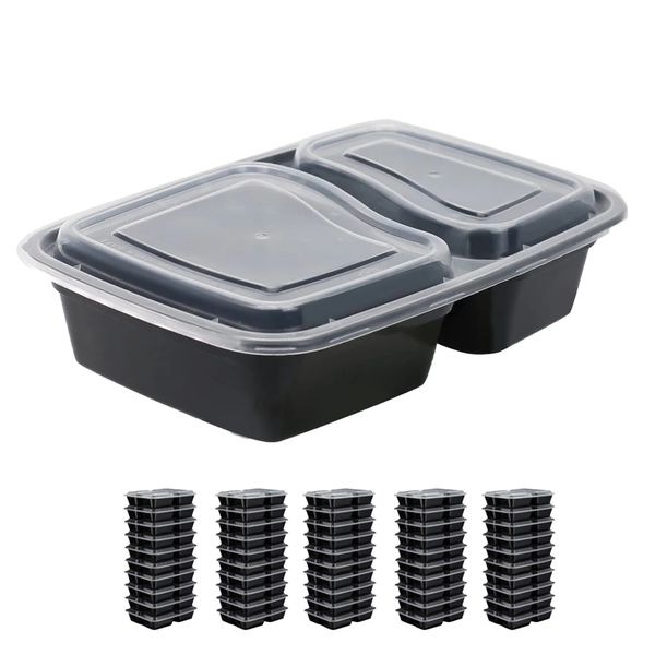 50 Pack Meal Prep Containers 2 Compartment &amp; Lids - Portion Control