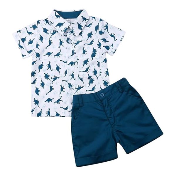 Boys Breathable Short Sleeved Dinosaur Shirt Blue Shorts Set with Lapel