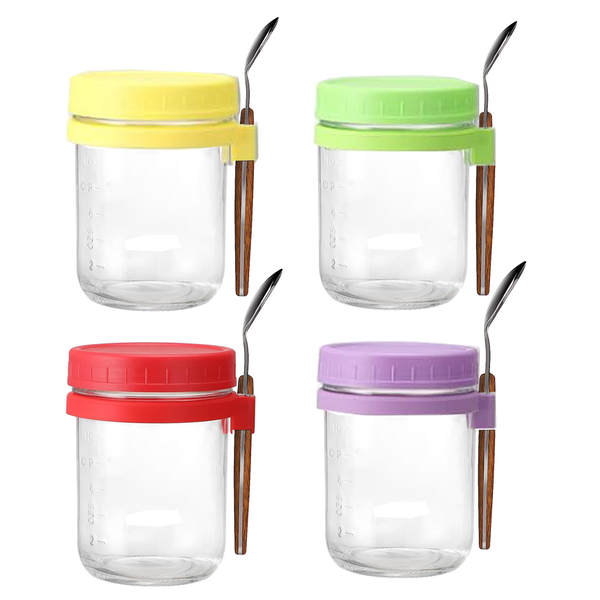 4 Pack Overnight Oats Jars Glass Airtight Cereal Containers &amp; Spoons - 350ml