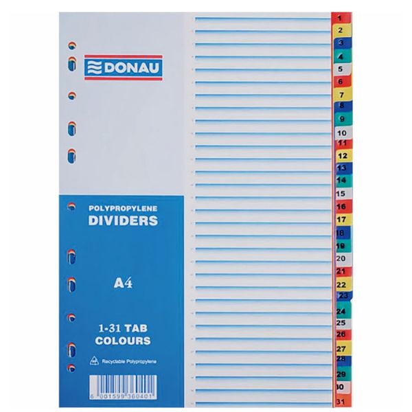 Donau File Divider, 31 Tab polypropylene (1-31) Pack of 10