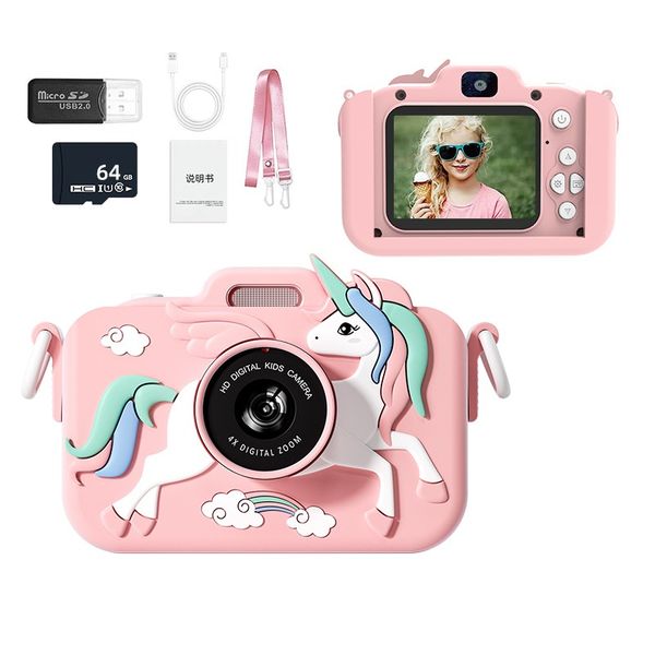X2D Unicorn Pink Kids Camera HD Dual Lens with Flash 64G &amp; Card Reader