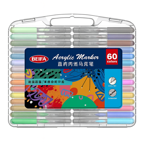 BEIFA Acrylic Marker Set - 60 Colors, 2.0mm Chisel Tip, Quick-Dry Ink