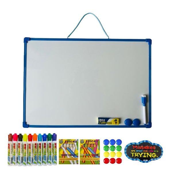 2 in 1 Whiteboard / Chalkboard (55 x 35cm) + Pens, Eraser, Magnets &amp; Chalk