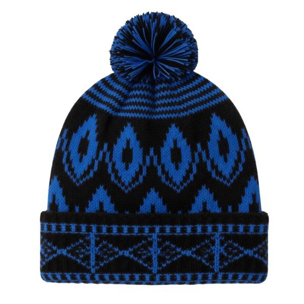 Black &amp; Red Geometric Patterned Knitted Beanie with Pom Pom - Winter Hat