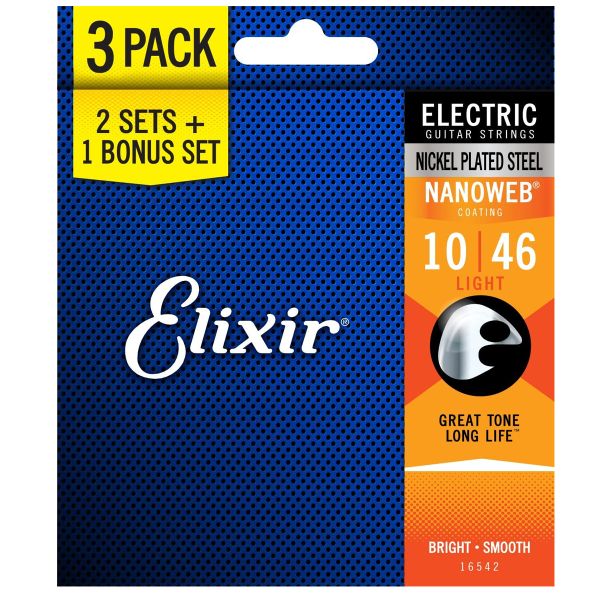 Elixir 16542 Electric Light Nickel Plated Steel Nanoweb 0.10-0.46 3-Pack