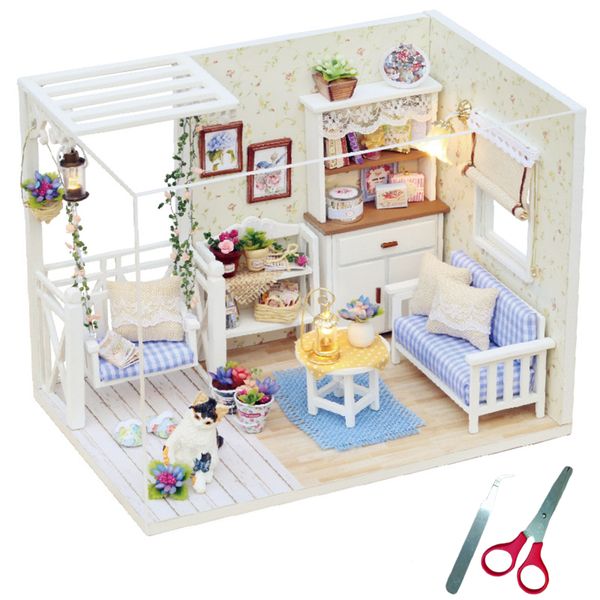 Wooden Dollhouse Miniatures DIY House Kit with Cover and Led Light