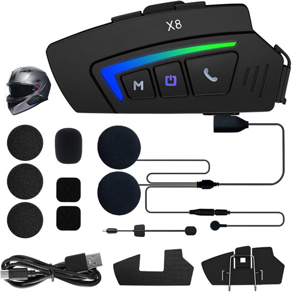 Motorcycle Helmet Wireless Headset - Waterproof BT5.3 RGB Light