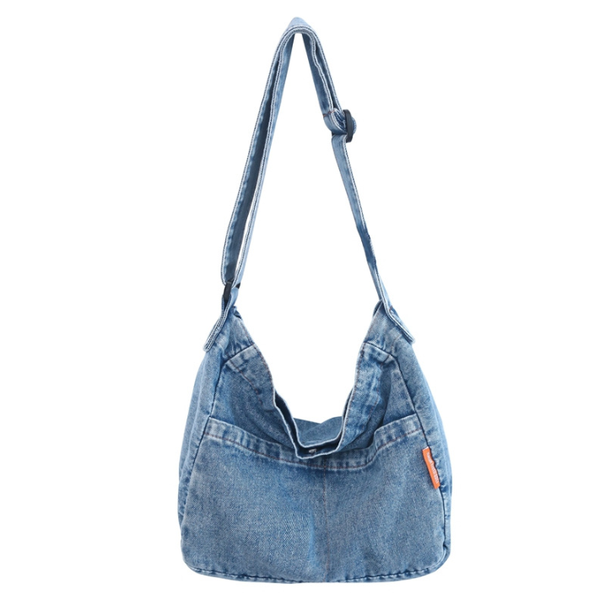 Denim Messenger Shoulder Bag, Blue Jean Hobo Tote Bag