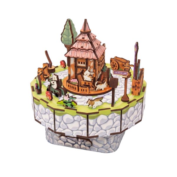 PlayfulMario DIY 3D Wooden Puzzle - Suburban Log House Rotating Music Box