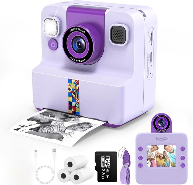 Kids Camera Instant Print Reversible Lens with 3 Rolls Print Paper, Purple