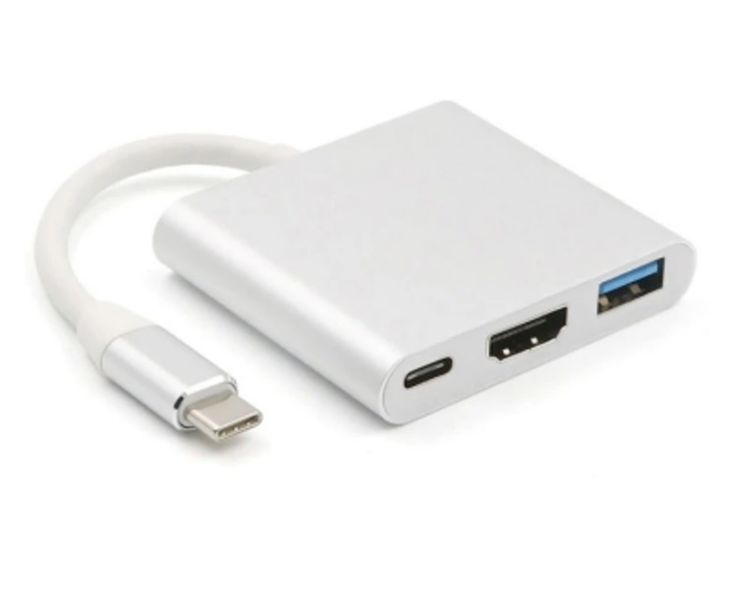 USB 3.1 Type C to USB 3.0 + HDMI + Type C 3 in 1 Charging Adapter - Silver
