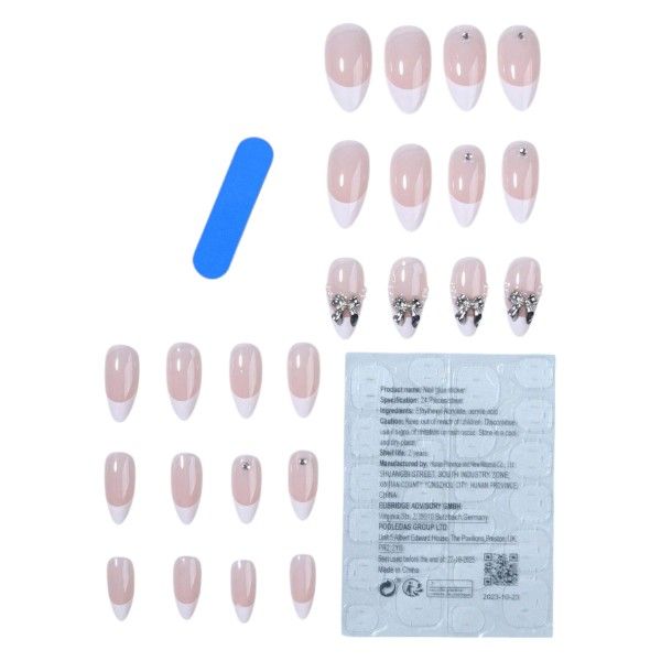 24 Piece Nails Set With Classic French Tip &amp; 3D Metalic Bows - Pink