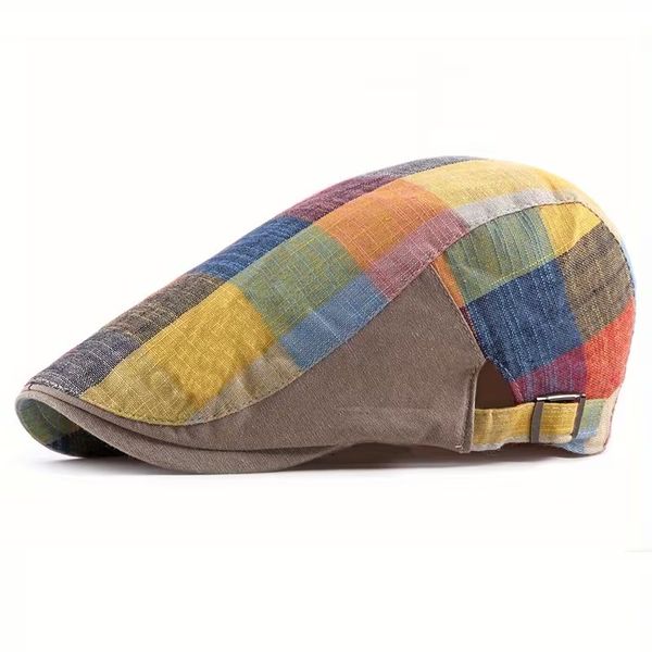 Men's Retro Patchwork Plaid Duckbill Flat Hat Classic Cap - Black/Blue