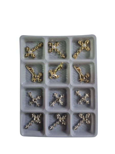 12-Piece Metal Nail Art Charms Cross &amp; Elegant Designs - Gold &amp; Silver