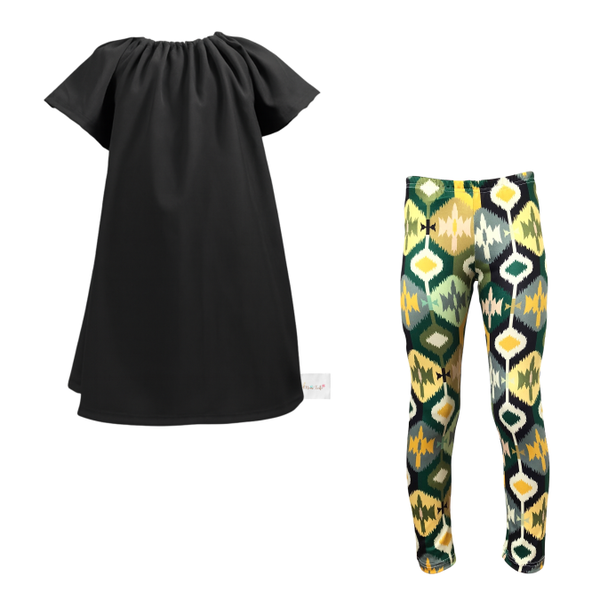 Kids-Girls Gathered Peasant Neck-Top&amp;Capri Legging-Ikat Black