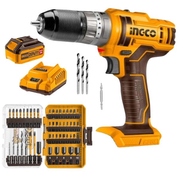 Ingco - Cordless Impact Drill with 4.0 Ah Battery, Charger &amp; Bit Set